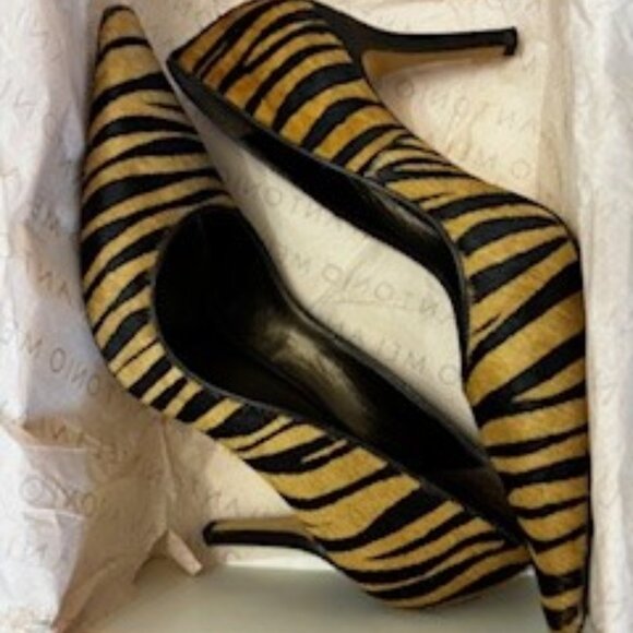 Antonio Melani pony hair pumps in camel/Brown 'zebra' print Women's Size 8-1/2 - Picture 1 of 8